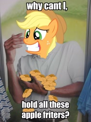 Size: 1536x2048 | Tagged: safe, applejack, human, applejack's hat, blonde hair, clothes, female, image macro, solo