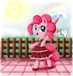 Size: 1500x1562 | Tagged: safe, artist:exceru-karina, angel bunny, pinkie pie, pony, :3, bipedal, clothes, dress, shoes, solo, sun