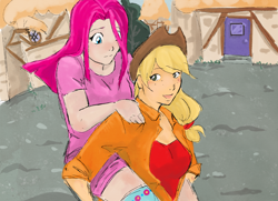 Size: 2400x1734 | Tagged: safe, artist:demdoodles, applejack, pinkie pie, humanized, pinkamena diane pie