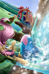 Size: 3317x4961 | Tagged: safe, artist:rouletteobsidian, fluttershy, dragon, mermaid, merpony, cliff, mermaidized, reaching, river, scenery, sky, waterfall