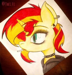 Size: 640x669 | Tagged: safe, artist:@twi.fi, sunset shimmer, pony, unicorn, cigarette, clothes, ear piercing, piercing, smoking, solo, traditional art