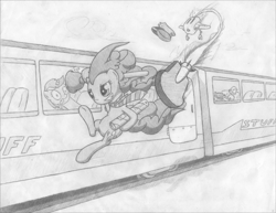 Size: 3282x2535 | Tagged: safe, artist:onsaud, lyra heartstrings, pinkie pie, earth pony, pony, monochrome, sketch, train