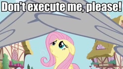 Size: 640x360 | Tagged: safe, edit, edited screencap, screencap, fluttershy, pegasus, pony, a bird in the hoof, caption, cute, floppy ears, image macro, offscreen character, scared, shyabetes, solo focus