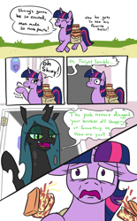 Size: 638x1031 | Tagged: safe, artist:jargon scott, queen chrysalis, twilight sparkle, unicorn twilight, changeling, changeling queen, pony, unicorn, bags under eyes, comic, dialogue, eyes closed, female, floppy ears, food, horrified, implied chrysarmordance, implied shipping, mare, meme, mom's spaghetti, onomatopoeia, pasta, raised hoof, saddle bag, scared, smiling, spaghetti, vietnam flashback, wide eyes