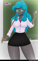 Size: 776x1232 | Tagged: safe, artist:clouddg, queen chrysalis, reversalis, changeling, changeling queen, equestria girls, spoiler:comic, clothes, equestria girls-ified, female, glasses, lipstick, skirt, smiling, solo, tube skirt