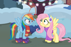 Size: 3434x2272 | Tagged: safe, artist:shutterflyeqd, derpibooru import, fluttershy, rainbow dash, pegasus, pony, awkward, awkward moment, blushing, christmas, christmas lights, clothes, earmuffs, female, flutterdash, holiday, lesbian, mistletoe, scarf, shipping, snow, spread wings, sweater, sweatershy, wingboner, wings