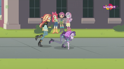 Size: 1136x638 | Tagged: safe, screencap, apple bloom, scootaloo, starlight glimmer, sunset shimmer, sweetie belle, equestria girls, mirror magic, spoiler:eqg specials, awkward, awkward moment, canterlot high, confused, cutie mark crusaders, humans doing horse things, open mouth, raised leg, teletoon