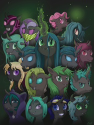 Size: 753x1000 | Tagged: safe, artist:moonsango, queen chrysalis, oc, oc:asphodel, oc:fidelis, oc:fidin, oc:flitter, oc:fuchsia, oc:iaso, oc:ichora, oc:jinx, oc:krasus, oc:laska, oc:medli, oc:moon coral, oc:pascal, oc:raptor, oc:stella, oc:ælaña, changeling, changeling queen, blue changeling, changeling oc, green changeling, pink changeling, purple changeling