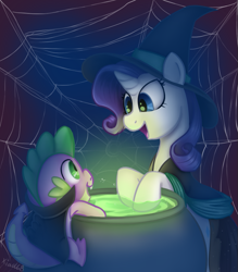 Size: 685x782 | Tagged: safe, artist:xiao668, rarity, spike, dragon, pony, undead, unicorn, vampire, vampony, cauldron, female, male, nightmare night, shipping, sparity, straight, witch