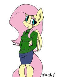 Size: 640x840 | Tagged: safe, artist:lizzyoli-ravioli, fluttershy, anthro, clothes, colored eyelashes, eyelashes, solo, sweater, sweatershy