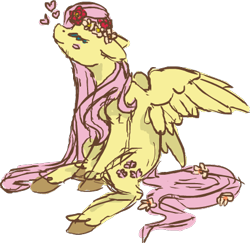 Size: 451x438 | Tagged: safe, artist:weepysheep, part of a set, fluttershy, pegasus, pony, eyes closed, flower in hair, flower in tail, flowerhorse, heart, simple background, sitting, smiling, solo, transparent background, unshorn fetlocks