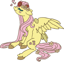 Size: 456x439 | Tagged: safe, artist:weepysheep, part of a set, fluttershy, pegasus, pony, eyes closed, floral head wreath, flower, flower in hair, flower in tail, flowerhorse, heart, simple background, sitting, smiling, solo, sticker, transparent background, unshorn fetlocks