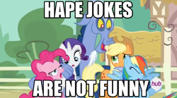 Size: 1260x700 | Tagged: safe, derpibooru import, applejack, discord, pinkie pie, rainbow dash, rarity, earth pony, pegasus, pony, unicorn, three's a crowd, blue flu, hape, hubble, image macro, impact font, meme