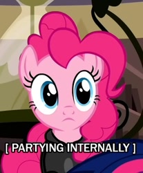 Size: 371x447 | Tagged: safe, pinkie pie, earth pony, pony, caption, descriptive noise, image macro, party, reaction image, solo, x internally