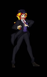 Size: 850x1388 | Tagged: safe, artist:urusee584, sunset shimmer, equestria girls, black background, context is for the weak, even speedwagon is afraid, humanized, jojo's bizarre adventure, phantom blood, robert eo speedwagon, simple background, solo, sunset helper