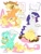 Size: 774x1024 | Tagged: source needed, safe, artist:elslowmo, artist:purplekecleon, applejack, fluttershy, lyra heartstrings, rarity, earth pony, pegasus, pony, unicorn, ..., blushing, facesitting, female, flutterseat, raridom, raritys personal seat fluttershy, simple background, speech bubble, wavy mouth, white background