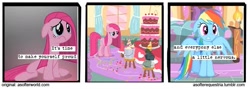 Size: 719x256 | Tagged: safe, artist:asofterequestria, derpibooru import, edit, edited screencap, screencap, mr. turnip, pinkie pie, rainbow dash, rocky, earth pony, pegasus, pony, comic:a softer equestria, party of one, a softer world, cake, comic, duo, female, food, mare, nervous, pinkamena diane pie, rock, screencap comic, turnip