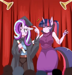 Size: 1376x1436 | Tagged: safe, artist:traupa, starlight glimmer, twilight sparkle, twilight sparkle (alicorn), alicorn, anthro, breasts, clothes, crowd, diploma, duo, floppy ears, graduation, graduation cap, grin, hat, smiling