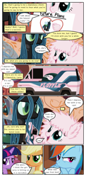 Size: 720x1470 | Tagged: safe, artist:missfinefeather, artist:newbiespud, edit, edited screencap, screencap, applejack, queen chrysalis, rainbow dash, twilight sparkle, unicorn twilight, oc, oc:fluffle puff, changeling, changeling queen, earth pony, pegasus, pony, unicorn, collaboration, comic:friendship is dragons, ..., annoyed, comic, dialogue, duckface, dungeons and dragons, female, frown, mare, mouth hold, pen and paper rpg, rpg, screencap comic, van