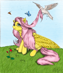 Size: 600x697 | Tagged: safe, artist:derp-my-life, artist:scarletvye, fluttershy, bird, butterfly, pegasus, pony, flower, smiling, solo, traditional art