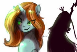 Size: 2039x1377 | Tagged: safe, artist:oberon826, crackle cosette, queen chrysalis, changeling, changeling queen, pony, unicorn, crown, disguise, disguised changeling, duality, evil, eye clipping through hair, female, jewelry, mare, regalia, solo