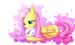 Size: 1800x1082 | Tagged: safe, artist:amberdragonling, angel bunny, fluttershy, pegasus, pony, female, mare, sleeping