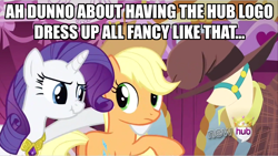 Size: 1280x722 | Tagged: safe, applejack, rarity, earth pony, pony, unicorn, hub logo, image macro, scrunchy face