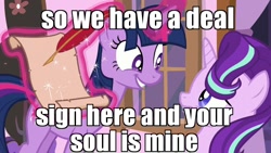 Size: 960x540 | Tagged: safe, edit, edited screencap, screencap, starlight glimmer, twilight sparkle, twilight sparkle (alicorn), alicorn, pony, a royal problem, contract, deal with the devil, image macro, list, magic, meme, your soul is mine