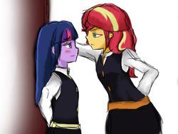 Size: 861x646 | Tagged: safe, artist:angeltorchic, sunset shimmer, twilight sparkle, equestria girls, against wall, arm behind back, blushing, canterlot academia, clothes, female, kabedon, lesbian, little witch academia, looking at each other, shipping, sunsetsparkle