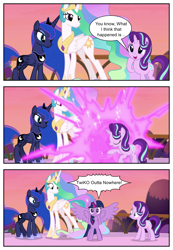 Size: 921x1334 | Tagged: safe, edit, edited screencap, screencap, princess celestia, princess luna, starlight glimmer, twilight sparkle, twilight sparkle (alicorn), alicorn, pony, a royal problem, rko outta nowhere, screencap comic, spread wings, teleportation, wings