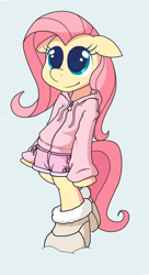 Size: 600x1100 | Tagged: safe, anonymous artist, fluttershy, pegasus, pony, bipedal, boots, clothes, female, hoodie, mare, shorts, snow