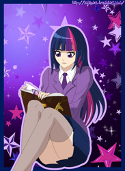 Size: 1100x1500 | Tagged: safe, artist:zantyarz, derpibooru import, twilight sparkle, book, clothes, humanized, solo, stockings