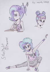 Size: 1587x2264 | Tagged: safe, artist:marta4708, starlight glimmer, human, alternate hairstyle, armpits, backwards ballcap, baseball cap, breakdancing, cap, clothes, converse, hat, humanized, pants, shirt, shoes, solo, traditional art