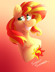 Size: 2210x2860 | Tagged: safe, artist:aegann, artist:ihasjessie-kat, sunset shimmer, pony, unicorn, collaboration, chest fluff, ear fluff, gradient background, grin, smiling, solo