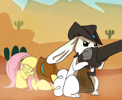 Size: 2000x1628 | Tagged: safe, artist:arnachy, angel bunny, fluttershy, pegasus, pony, cowboy hat, cowering, desert, gun, hat, pistol, revolver, western