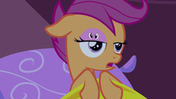 Size: 1280x720 | Tagged: safe, artist:capnpea, derpibooru import, edit, edited screencap, screencap, scootaloo, twilight sparkle, sleepless in ponyville, bedroom eyes, eyelid, fimbriae, floppy ears, frown, open mouth, smiling, wat