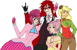 Size: 996x647 | Tagged: safe, artist:sphinxette, applejack, fluttershy, pinkie pie, black butler, clothes, crossover, dress, grell, grell sutcliff, humanized, kuroshitsuji, request