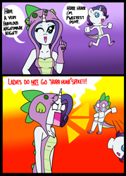 Size: 5000x7000 | Tagged: safe, artist:wickedsilly, rarity, spike, anthro, absurd resolution, breasts, cleavage, clothes, comic, costume, female, male, nightmare night, shipping, sparity, straight