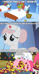 Size: 625x1195 | Tagged: safe, edit, edited screencap, screencap, nurse redheart, pinkie pie, earth pony, pony, applebuck season, the last roundup, cherry, cherry punch, comic, conveyor belt, female, full mouth, mare, meta, open mouth, screencap comic, sick, yellow cherry