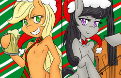 Size: 1700x1102 | Tagged: safe, artist:azusakurotsuchi, applejack, octavia melody, earth pony, pony, bipedal, cello, christmas, cider, clothes, hat, musical instrument, scarf