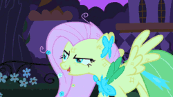 Size: 854x480 | Tagged: safe, screencap, fluttershy, pegasus, pony, the best night ever, animated, clothes, dress, evil, female, gala dress, insanity, laughing, lightning, mare, solo