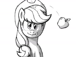 Size: 1600x1200 | Tagged: safe, artist:yorik-cz, applejack, earth pony, pony, apple, bouncing, derp, grayscale, isaac newton, knocked silly, monochrome, silly, silly pony, sir isaac newton, solo, tongue out, who's a silly pony