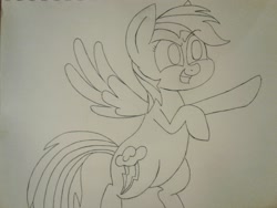Size: 2576x1932 | Tagged: safe, artist:unreliable narrator, derpibooru import, rainbow dash, pegasus, pony, flying, ink, smiling, solo, traditional art