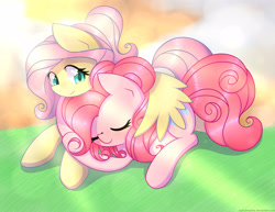 Size: 3300x2550 | Tagged: safe, artist:joyfulinsanity, fluttershy, pinkie pie, earth pony, pegasus, pony, cuddling, female, flutterpie, lesbian, shipping, sleeping, snuggling