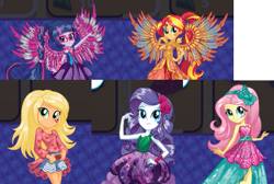 Size: 581x390 | Tagged: safe, applejack, fluttershy, rarity, sci-twi, sunset shimmer, twilight sparkle, equestria girls, legend of everfree, boho, camp fashion show outfit, clothes, dress, equestria girls app, equestria girls outfit, gala dress