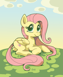 Size: 897x1092 | Tagged: safe, artist:iveechan, fluttershy, pegasus, pony, cloud, female, looking up, mare, prone, signature, smiling, solo