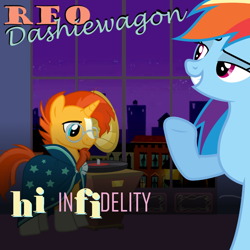 Size: 1200x1200 | Tagged: safe, artist:grapefruitface1, derpibooru import, rainbow dash, sunburst, pegasus, pony, 80s, album cover, bedroom eyes, cape, clothes, duo, female, infidelity, male, mare, night, parody, ponified, ponified album cover, record player, reo speedwagon, retro, stallion