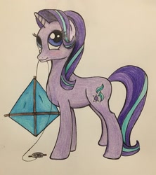 Size: 1024x1153 | Tagged: safe, artist:bubbleyfisheyo3o, starlight glimmer, pony, unicorn, kite, mouth hold, solo, traditional art