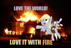 Size: 500x338 | Tagged: safe, derpy hooves, pegasus, pony, arson, cute, female, fire, flying, funny, grimcute, heart, house, irl, kill it with fire, letter, love, lowres, mailbag, mare, open mouth, photo, saddle bag, smiling, spread wings, wings