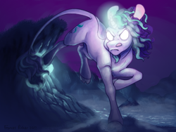 Size: 1024x768 | Tagged: safe, artist:arianell, starlight glimmer, classical unicorn, pony, unicorn, cloven hooves, glowing eyes, glowing horn, leonine tail, nose wrinkle, solo, unshorn fetlocks